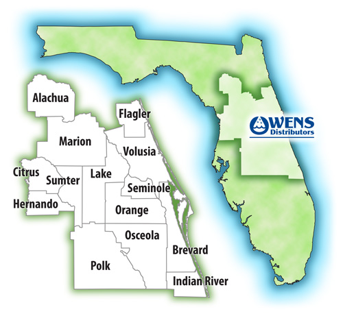 Central Florida Service Area Map - Alachua, Marion, Flagler, Volusia, Seminole, Orange, Osceola, Brevard, Indian River, Polk, Lake, Sumter, Citrus and Hernando Counties