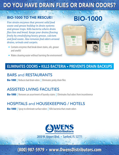 Bio-1000 Odor Controller and Waste Degrader | Manufactured by Owens Distributors | Marketing Flyer