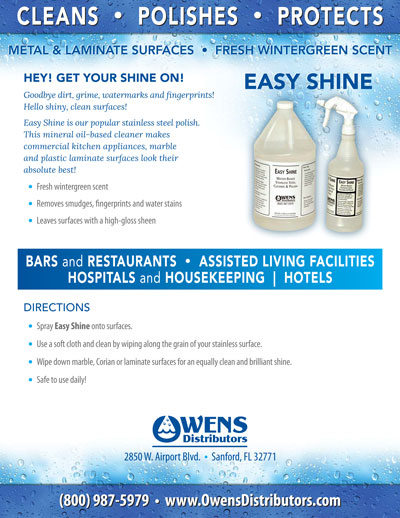 Easy Shine Stainless Steel Cleaner and Polish | Manufactured by Owens Distributors | Marketing Flyer