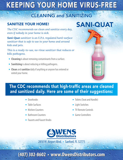 Sani-Quat Ready-To-Use Disinfectant and Virucide | Manufactured by Owens Distributors | Marketing Flyer