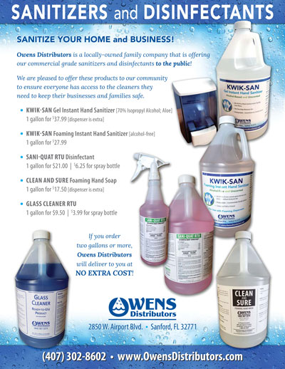 Sanitizer and Disinfectant Products | Manufactured by Owens Distributors | Marketing Flyer